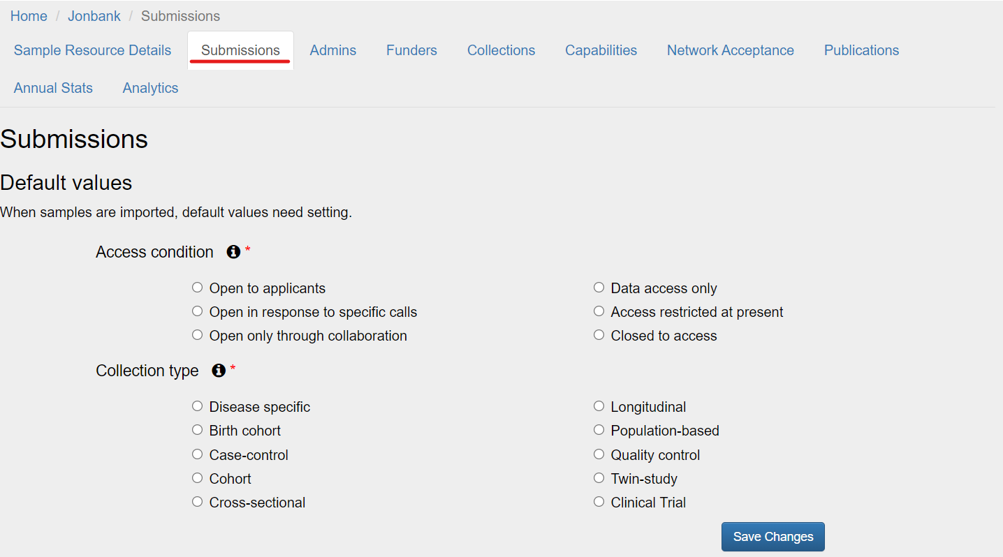 Submissions Organisation Defaults